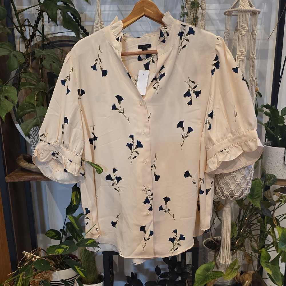 Ann Taylor Cream Blouse with Navy Floral Design